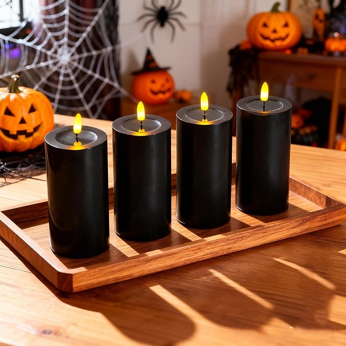 4 Packs Flameless Candles, Black Battery Operated Candles, Black Halloween LED Candles, Real Wax Flickering Candlelights with Remote for Home Fall Halloween Christmas Party Candelabra