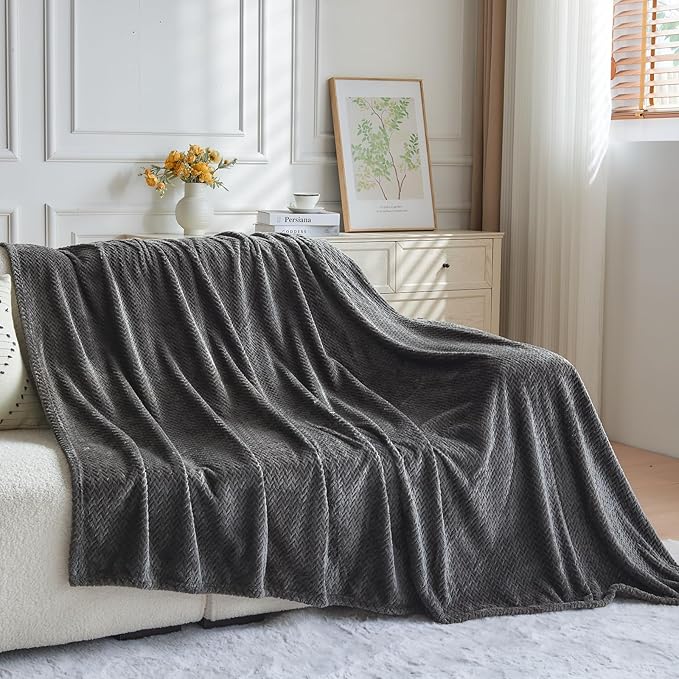 NEWCOSPLAY Super Soft Throw Blanket Dark Grey Premium Silky Flannel Fleece Leaves Pattern Lightweight Bed Blanket All Season Use (Dark Grey, Throw(50"x60"))