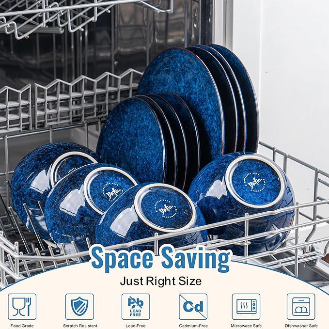 Plates and Bowls Sets, 12 Pieces Dark Blue Dinnerware Sets for Kitchen, Reactive Glaze Dishes Set for 4, Dishwasher and Microwave Safe, Series Starflecked Shore(Dark Blue)