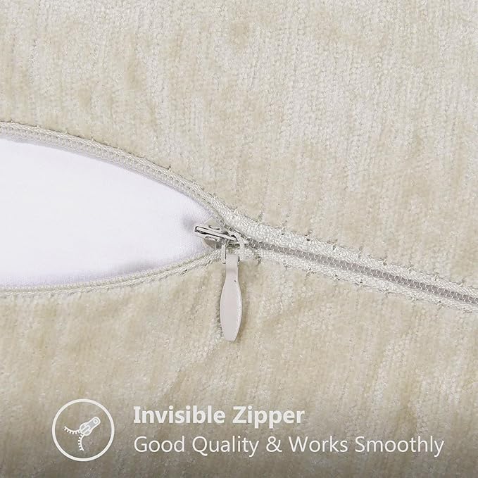 decorUhome Chenille Soft Throw Pillow Covers 18x18 Set of 2, Farmhouse Velvet Neutral Decorative Euro Pillow Covers with Stitched Edge for Couch Sofa Bed Home Decor, Beige