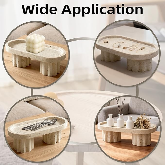 Natural Travertine Marble Oval Tray with 2 Legs, Vanity Decorative Tray for Perfume, Candles, Jewelry Dish,Countertop Storage Organizer for Home Decor (Beige)