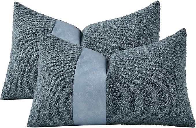 Pack of 2 Faux Leather Boucle Throw Pillow Covers 20"x12" Blue Chic Accents Textured Rectangular Lumbar Decorative Pillow Cases for Living Room Couch Bed Farmhouse Boho Home Decor