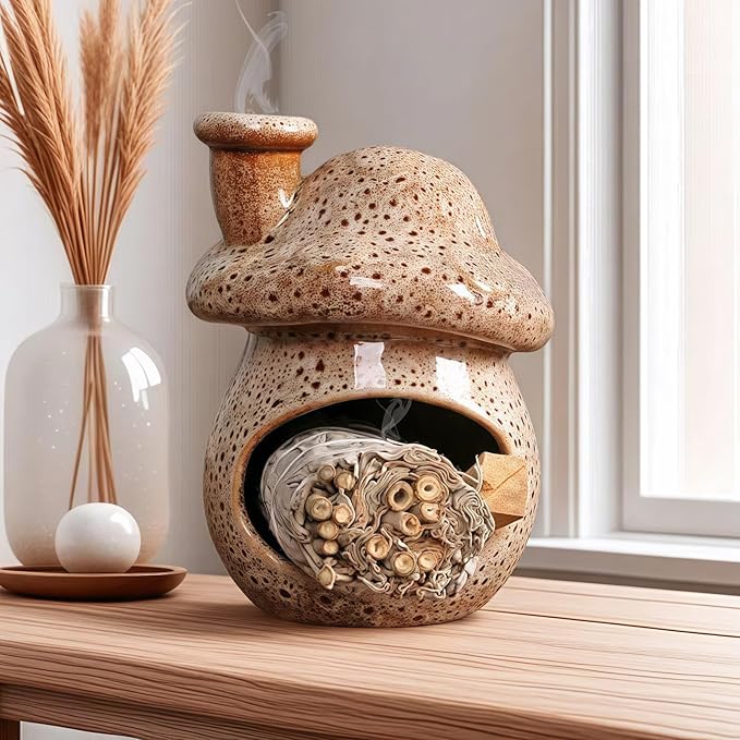 Mushroom Incense Holder, Blue Ceramic Palo Santo Holder Burner & Sage Holder - Mini Tabletop Chiminea Burner Tray with Ash Catcher, Cute Mushroom Decorations for Spiritual Meditation & Yoga