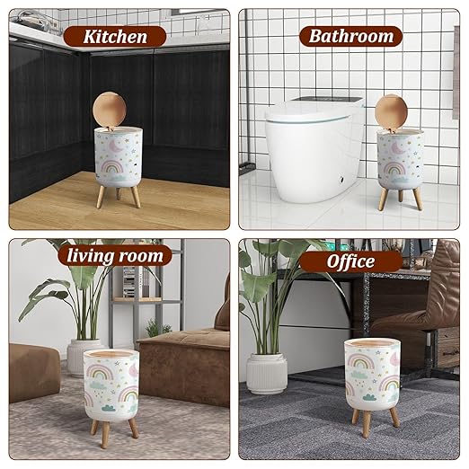 Small Trash Can with Lid Seamless Cute for Kids Children Rainbow Clouds Moon Stars Scandinavian Garbage Bin Pet Proof Waste Basket for Kitchen Bathroom Office Bedroom Decorative 1.8 Gallon