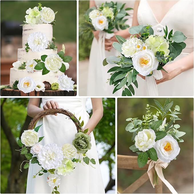 AmyHomie Green White Artificial Flowers Combo Silk Mix Peony Rose Fake Flowers w/Stem for DIY Wedding Bouquets Centerpieces Arrangements Table Fall Decor Party Bridal Baby Shower Home Decorations