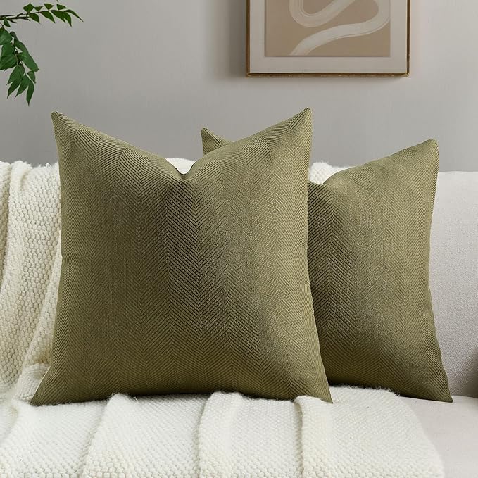 FUTEI Olive Green Chenille Throw Pillow Covers 16x16 Inch Set of 2,Soft Wide Chevron Textured Cushion Case,Farmhouse Home Decor for Couch Living Room