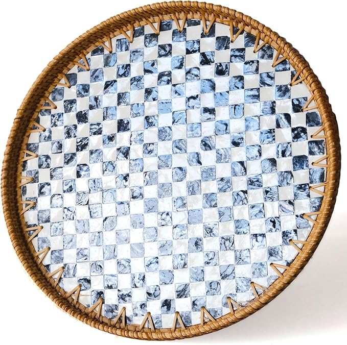 13.8 in Round Rattan Tray with Mother of Pearl Inlay, Wicker Serving Tray Mother for Decor, Rattan Round Wicker Coffee Table Tray for Coffe Friut Bread Checkerboard