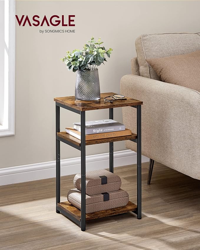 VASAGLE Side Table, Small End Table, Tall Nightstand for Living Room, Bedroom, Office, Bathroom, Rustic Brown and Classic Black ULET273B01