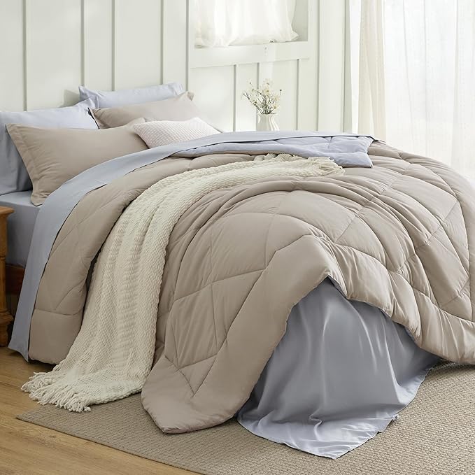 Bedsure Queen Comforter Set - 7 Pieces Reversible Beige Bedding, Queen Size Bed Set for All Seasons, Bed in a Bag with Down Alternative Comforter, Sheets, Pillowcases & Shams