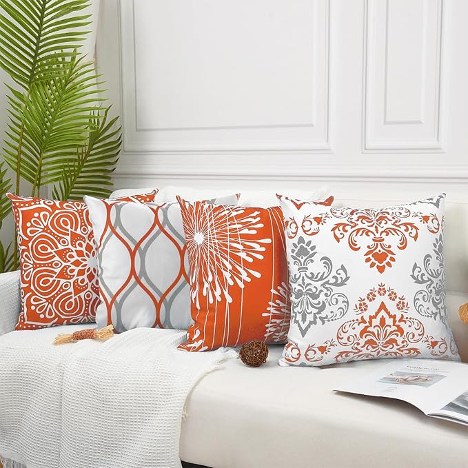 Coliuso Decorative Throw Pillow Covers 18x18 inch Set of 4,Orange and White Modern Simple Square Pillow Case Cushion Cover for Sofa Couch Farmhouse Outdoor Living Room (Burnt Orange and White)