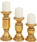 Deco 79 Mango Wood Decorative Candle Holder Turned Style Pillar Candle Stand, Set of 3 Candlestick Holder 10", 8", 6"H, Gold