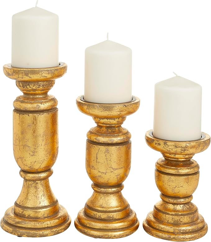 Deco 79 Mango Wood Decorative Candle Holder Turned Style Pillar Candle Stand, Set of 3 Candlestick Holder 10", 8", 6"H, Gold
