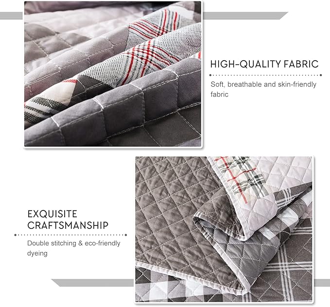 Travan Quilt Set 3-Piece Oversized Quilted Bedspread Coverlet Set Grey European British Grid Patchwork Bedding Set, Queen Size