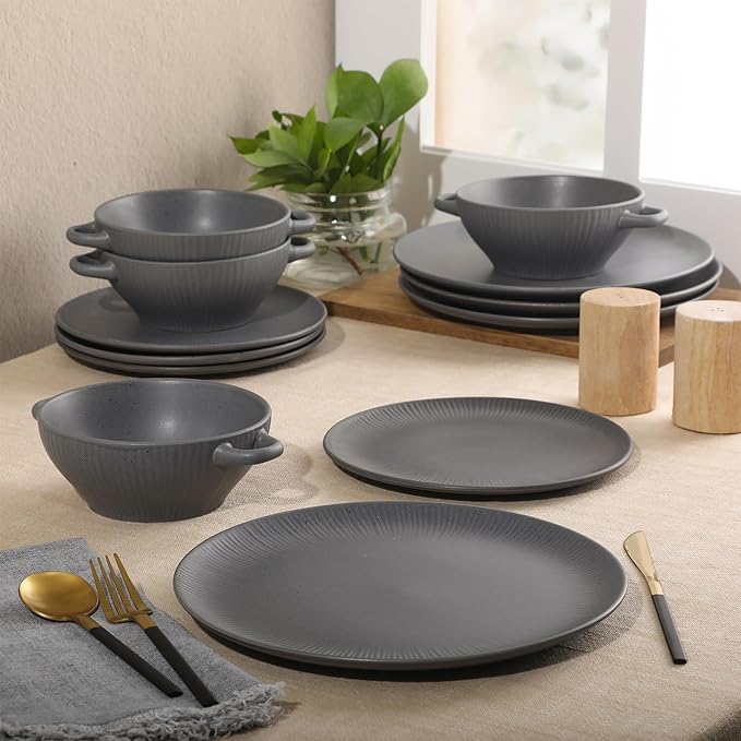 Gibson Elite Clover Hill 12-Piece Stoneware Dinnerware Set – Dark Blue Embossed Plates and Bowls with Matte Speckled Reactive Glaze, Service for 4 – Microwave & Dishwasher Safe