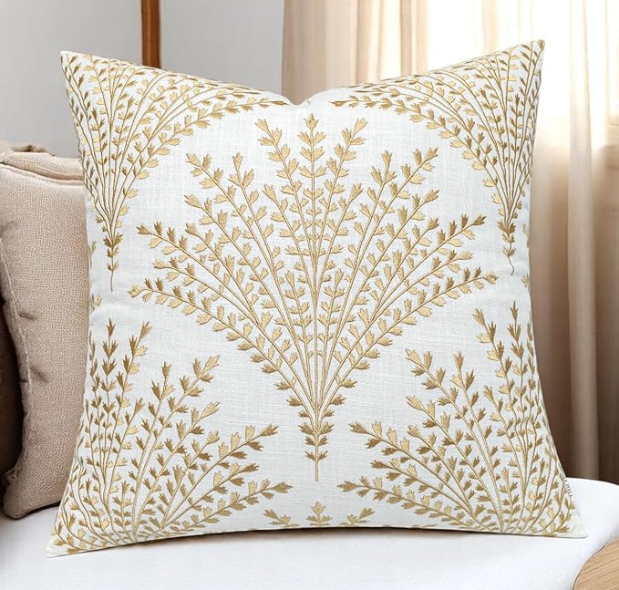 Rohan Leaves Embroiderd Decorative Square Accent Throw Pillow Cover - Sofa, Chair, Couch, Bedroom, Living Room, Farmhouse Home Decor - 20x20 Inches, Ivory