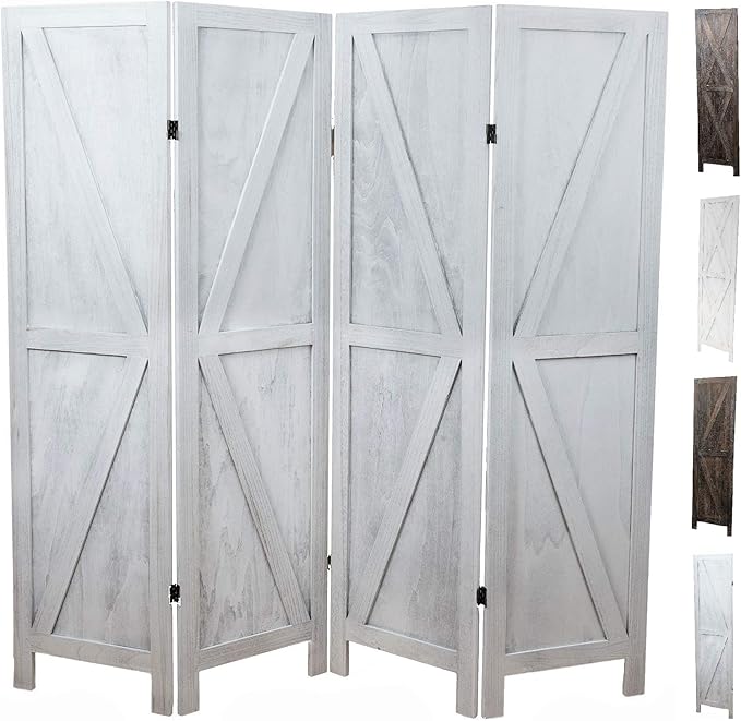 Premium Home 4-Panel Room Divider – Rustic White Barn Door, K Pattern Folding Privacy Screen, Partition Wall