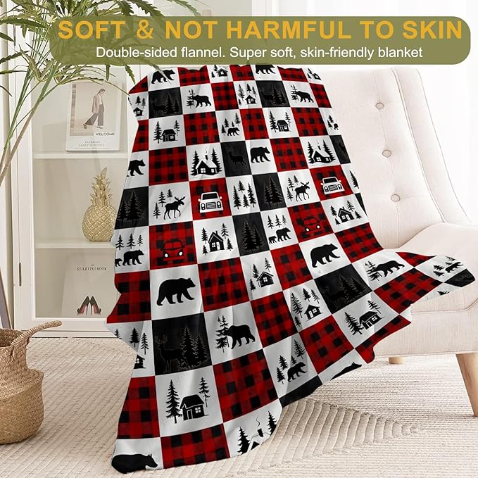 Christmas Decorative Blanket, Bear Deer with Cabin Tree Plaid Truck Print Throw Decoration, Soft Flannel Winter Blankets for Couch Bed Sofa, Holiday Home Decor, Xmas Festival Gifts 50x60 Inch