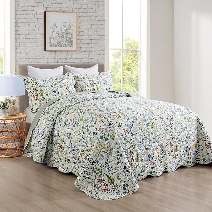 Travan 3-Piece Quilt Set Quilted Bedspread Lightweight Coverlet Set Garden Style Floral Printed Oversized Quilted Bedding Set with Shams for All Season, Exquisite, Queen Size