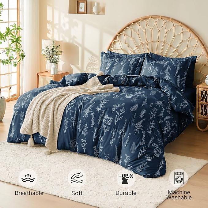 MUXHOMO Navy Blue Full Comforter Set, Elegant Floral Print Bed in a Bag 7 Pieces, Ultra Soft & Breathable Reversible Botanical Pattern Bedding Set with Comforter, Sheets, Pillowcases, and Shams