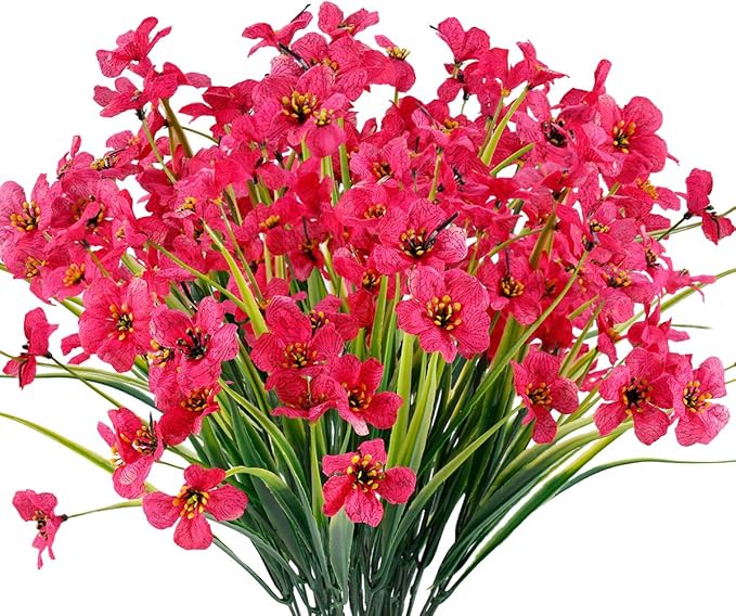 12 Bundles Artificial Flowers Outdoor UV Resistant Fake Flowers No Fade Faux Plastic Plants Garden Porch Window Box Decorating(Rose red)