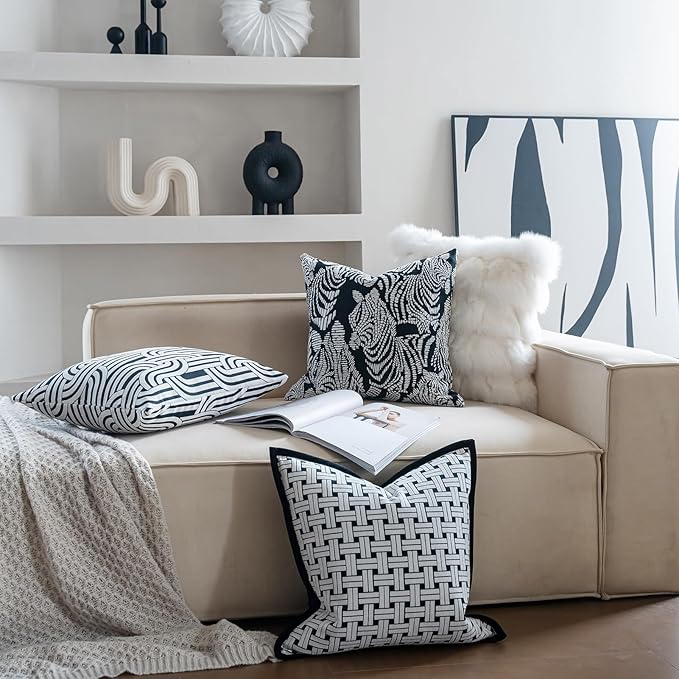 Premium Throw Pillow Covers 20x20 Inches - Black Interlaced Weave Grid Framed Chenille Jacquard Embroidery Decorative Couch Pillow Covers for Living Room Bedroom Sofa