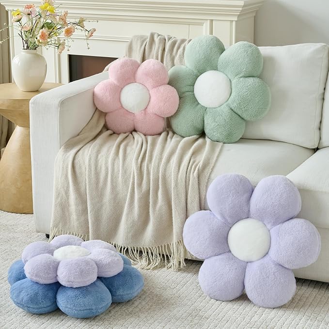 Flower Pillow, Decorative Throw Pillows for Couch Bed, Cute Daisy Home Decor Flower Shaped Pillows for Bedroom Living Room (Grey Blue, 19.6 Inches)