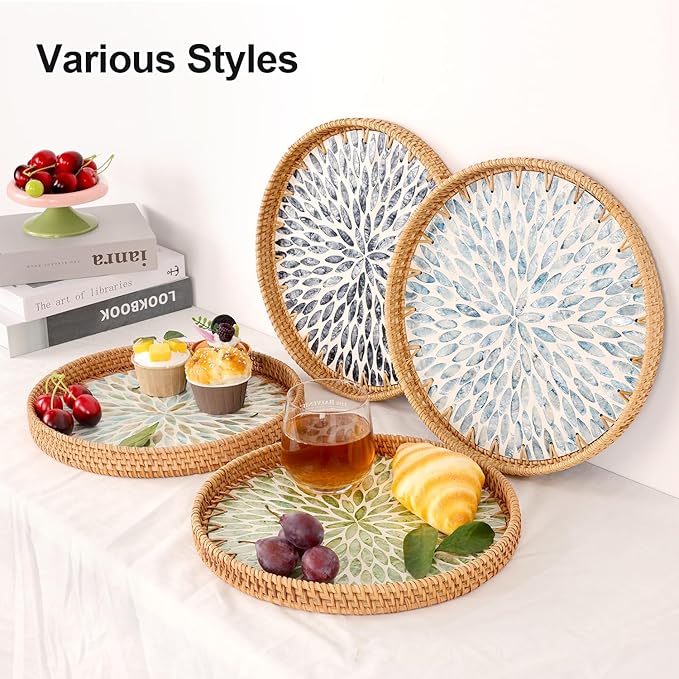 Round Rattan Tray with Mother of Pearl Inlay, Rattan Serving Tray for Coffee, Bread, Fruits, Decorative Wicker Tray for Table Decor, Home Decor, Kitchen Island Decor (Green Leaf, 11.8")