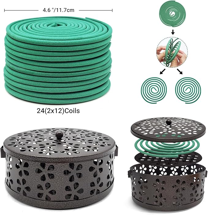 Large Citronella Incense coils and Coil Incense Holder, Made from Natural Plants, Suitable for Outdoor, Living Room, Terrace use (24 Coils and 1 Coil Incense Holder)