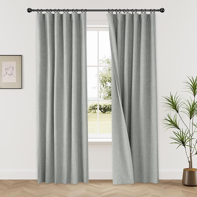 KangBang Fog Grey Linen Blackout Curtains 84 inches Long, Thermal Linen Textured Curtains for Bedroom Offices, Back Tab/Rod Pocket Modern Drapes, Blocks 100% Light & Street Noise(2 PCs, 52Wx84L)