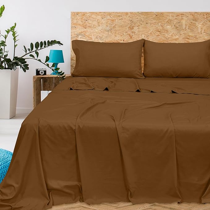 Royale Linens 300 Thread Count 100% Long Staple Combed Cotton Flat Sheet - Super Soft - Top Sheets - Full Flat Sheet Sold Separately - Breathable, Cool & Crisp Percale Sheets Only (Twin XL, Chocolate)