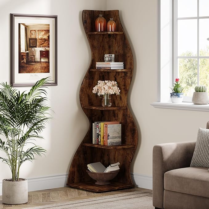 Tribesigns Wavy Corner Shelf, Modern 5-Tier Bookshelf Bookcase with Curvy Shape, Unique Plant Stand Display Rack for Living Room Small Space (Brown)
