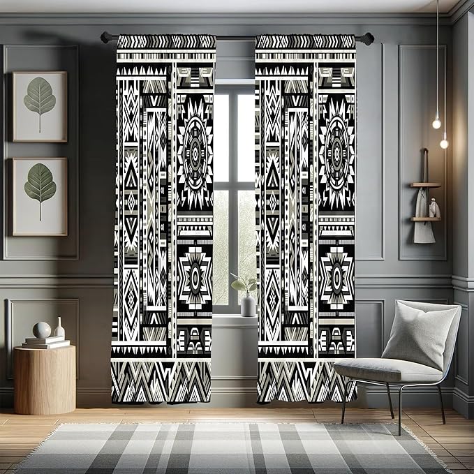 Ambesonne Southwestern Window Curtains, Monochrome Colors Design with Zigzags Arrows and Cultural Motifs, Lightweight Decor 2-Panel Set with Rod Pocket, Pair of - 28" x 63", Charcoal Grey Pale Sepia