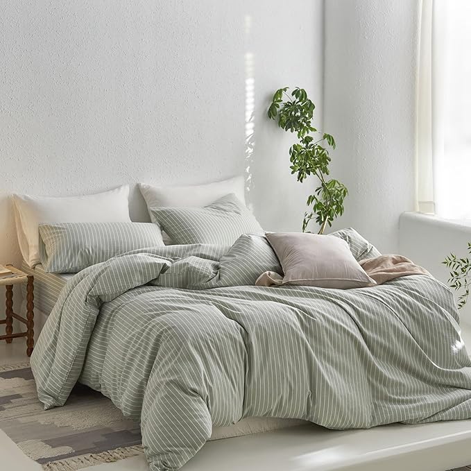 MooMee Striped Duvet Cover Set 100% Washed Cotton Linen Like Textured Breathable Durable Soft Comfy (Sage Green White Wide Stripes, Queen 90"x90")
