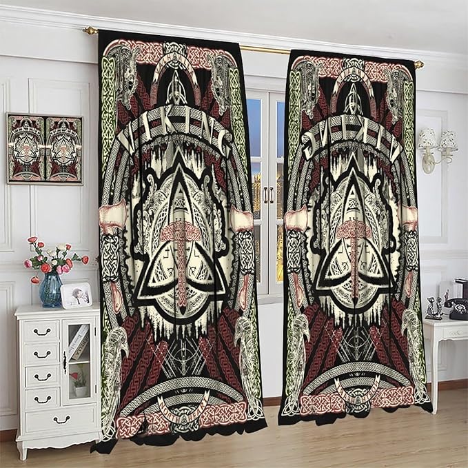 Viking Curtains Nordic Mythology Rune Weapon Antique Viking Pirate Crow Art Pattern Printed Curtains Bedroom Living Room Decoration Blackout Curtains W42 * L45 Inch