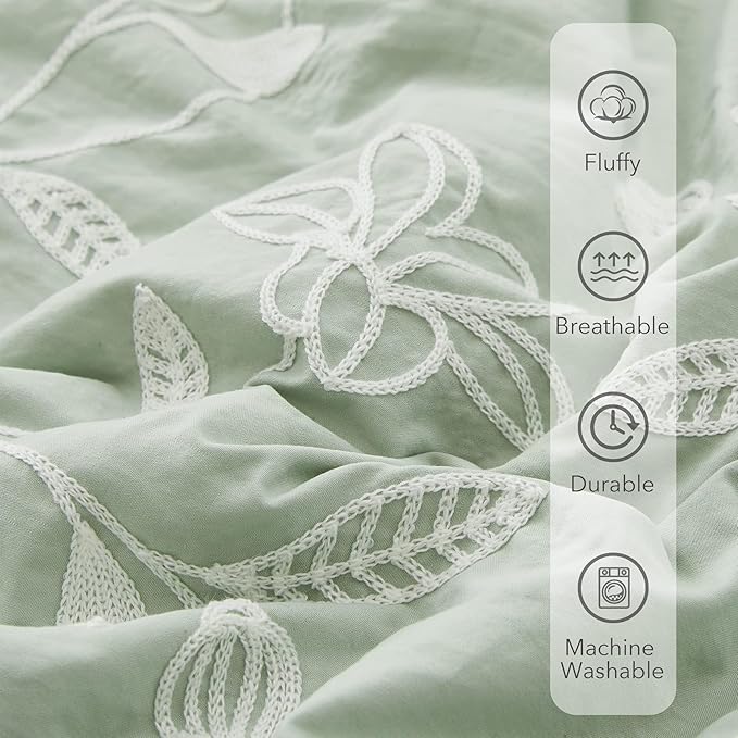MaiRêve Embroidery Comforter Sets Green Twin Size, Farmhouse Floral Twin Bedding Sets 5 Pieces, Warm Fluffy All Season Bed Set and Comforter Sets(Green, Twin,66"x86")