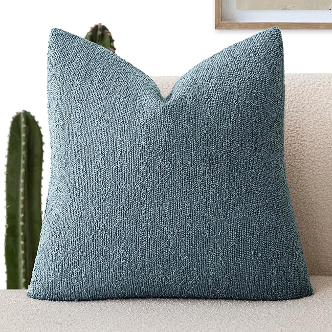 Foindtower Decorative Textured Boucle Throw Pillow Covers Accent Solid Pillow Cases Neutral Soft Cozy Couch Cushion Case for Chair Sofa Bedroom Living Room Home Decor 16x16 Inch,1PC,Misty Blue