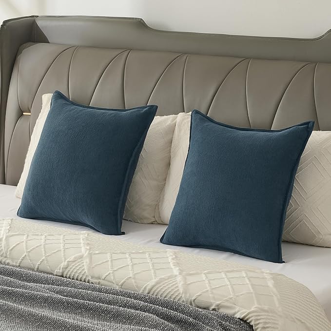 FUTEI Navy Blue Chenille Throw Pillow Covers 22x22 Inch Set of 2,Edges Double-Stitched Cushion Cases,Modern Home Decor for Couch Living Room