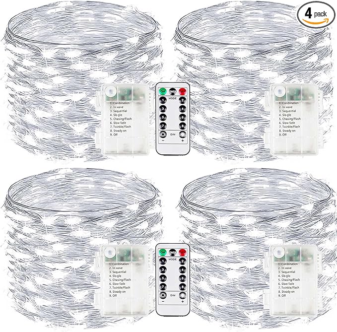 4-Pack Fairy Lights Battery Operated with Remote, Waterproof 33FT 100 LED Battery String Lights Outdoor Indoor, 8 Modes Twinkle Lights with Timer for DIY Home Centerpiece Christmas Decor (Cool White)