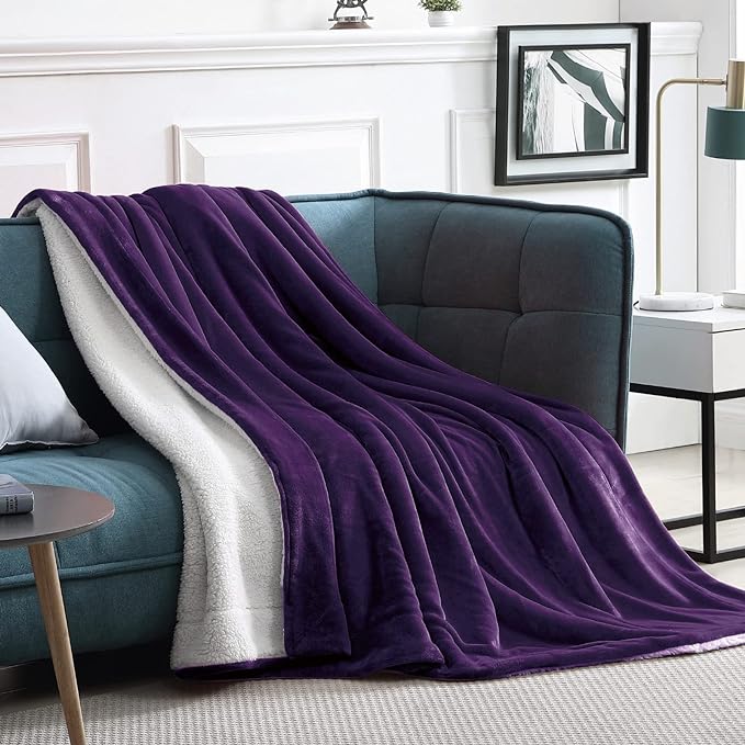 Walensee Sherpa Fleece Blanket (Throw Size 50”x60” Purple) Plush Throw Fuzzy Super Soft Reversible Microfiber Flannel Blankets for Couch, Bed, Sofa Ultra Luxurious Warm and Cozy for All Seasons