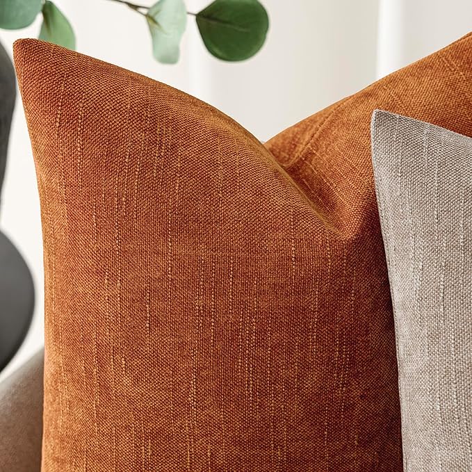 Foindtower Pack of 2 Soft Textured Chenille Throw Decorative Pillow Covers Square Accent Solid Cushion Cover Cozy Neutral Farmhouse Pillow Case for Couch Sofa Bedroom Living Room 18x18 Inch,Orange