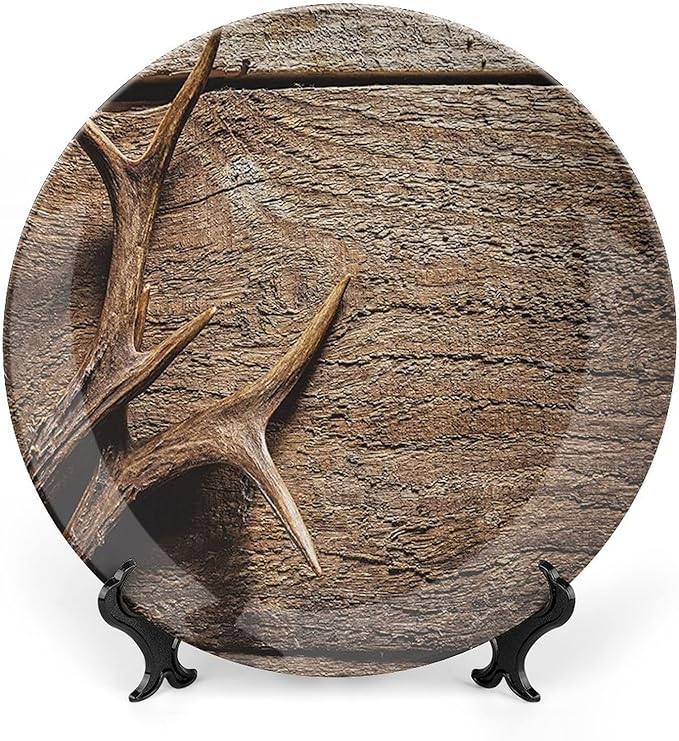 XISUNYA 10 Inch Decorative Plate, Antlers Tableware Plate, Deer Antlers On Wood Table Rustic Hunting Season Print Ornament Display Plate Decor Accessory for Dining, Parties, Wedding
