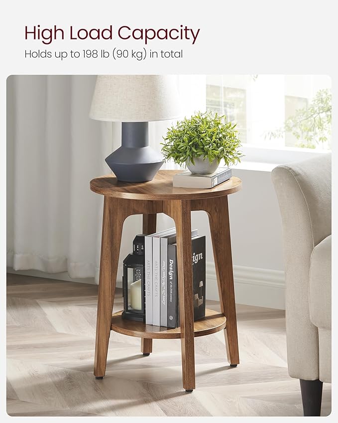 VASAGLE MAEZO Collection - Side Table, 2-Tier Small Round End Table, Nightstand with Tapered Legs, Curved Transitions, for Small Spaces, Living Room, Bedroom, Rustic Walnut ULET283T41