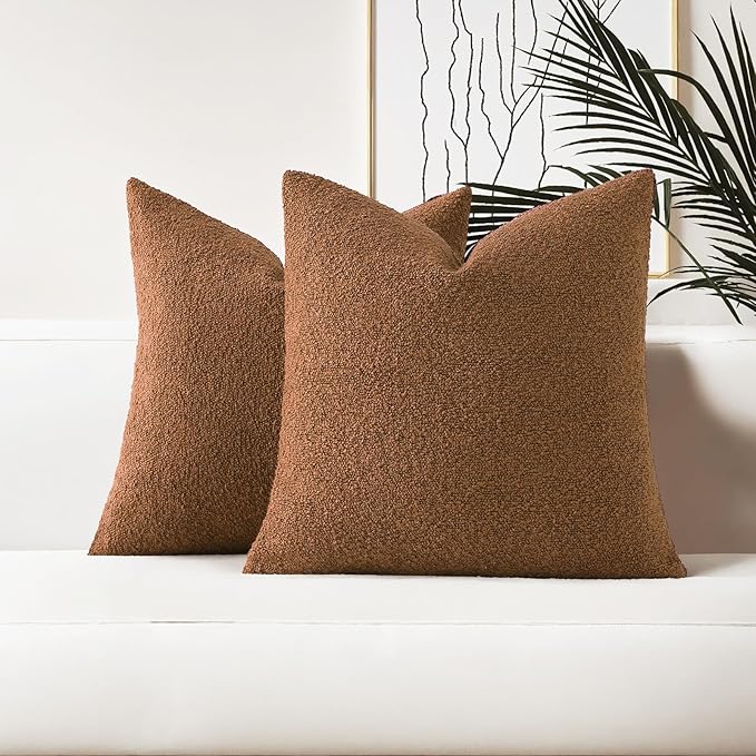 HAUSSY Set of 2 20x20 Decorative Throw Pillow Covers, Soft Cozy Textured Boucle Couch Cases, Home Decor for Couch Bed Living Room, Tobacco