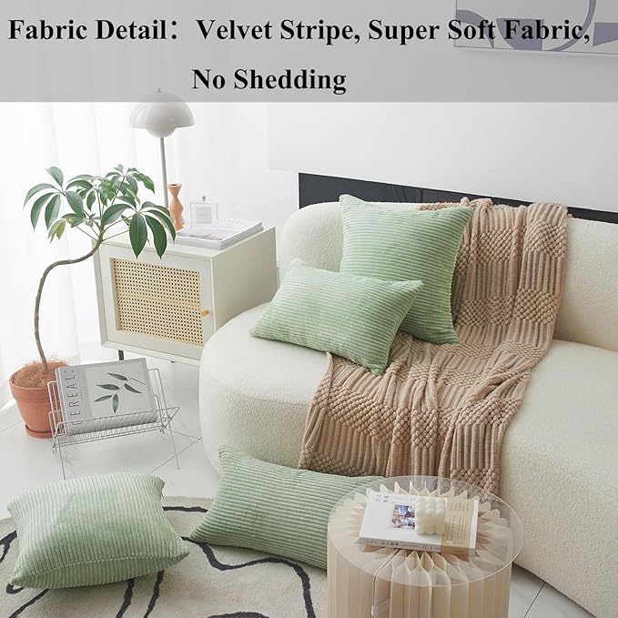 Home Brilliant Throw Pillow Covers 18x18 Solid Plush Corduroy Striped Square Spring Pillow Covers for Couch Set of 2 for Living Room Decor, 18 x 18 Inch, Sage Green