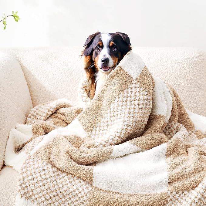 Snuggle Sac Checkered Blanket, Beige Throw Blanket for Couch Plaid Microfiber Fluffy Warm Cozy Fuzzy Soft Throw Blanket Reversible Checkerered Blankets for Sofa, Chair, Bed, 50x60 inches