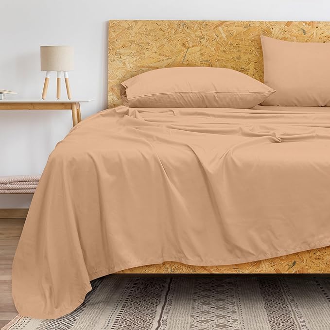 Royale Linens 300 Thread Count 100% Long Staple Combed Cotton Flat Sheet - Super Soft - Top Sheets - Queen Flat Sheet Sold Separately - Breathable, Cool & Crisp Percale Sheets Only (Queen, Sand)