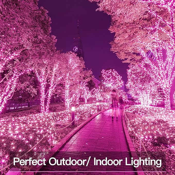 suddus Pink Solar String Lights for Outside, 2 Pack Total 66ft 200 Led Pink Fairy Light Outdoor, 8 Modes Solar Twinkle Light for Halloween Decor, Fence, Patio, Yard, and Party