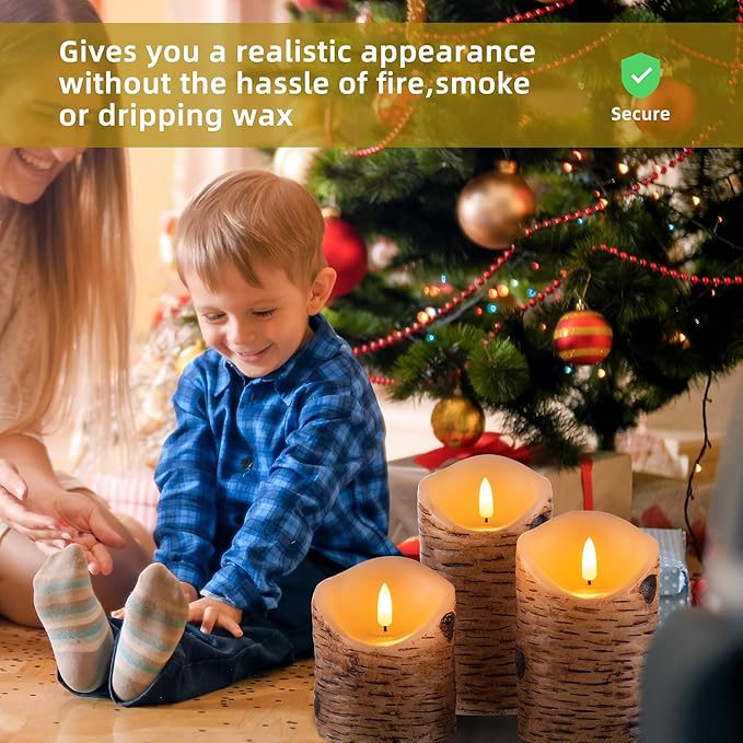 Birch Bark Effect Flameless Candles Battery Operated Pillar Real Wax Flickering Electric LED Candle Sets with Remote Control Cycling 24 Hours Timer, 4" 5" 6" Pack of 3