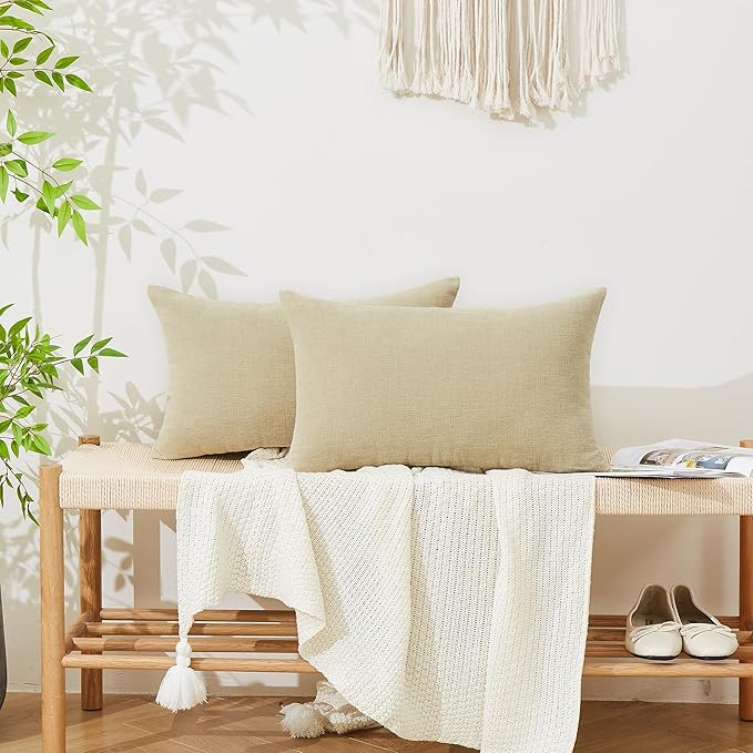 GAWAMAY Lumbar Decorative Throw Pillow Covers 12"x20" Inch Set of 2, Super Soft Chenille Rectangle Pillowcase for Living Room Bedroom Sofa Couch Cushion Support Pillow Cover 30x50cm Khaki (No Insert)