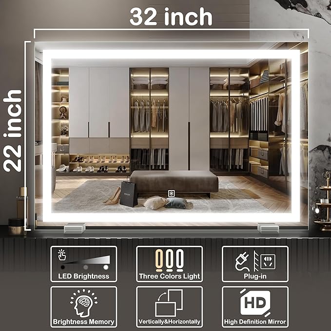 FENNIO Makeup Mirror with Lights 23"x32" ，LED Makeup Mirror ，Large Vanity Mirror with Lights，Touch Sensor with Dimmable 3 Modes, Square White